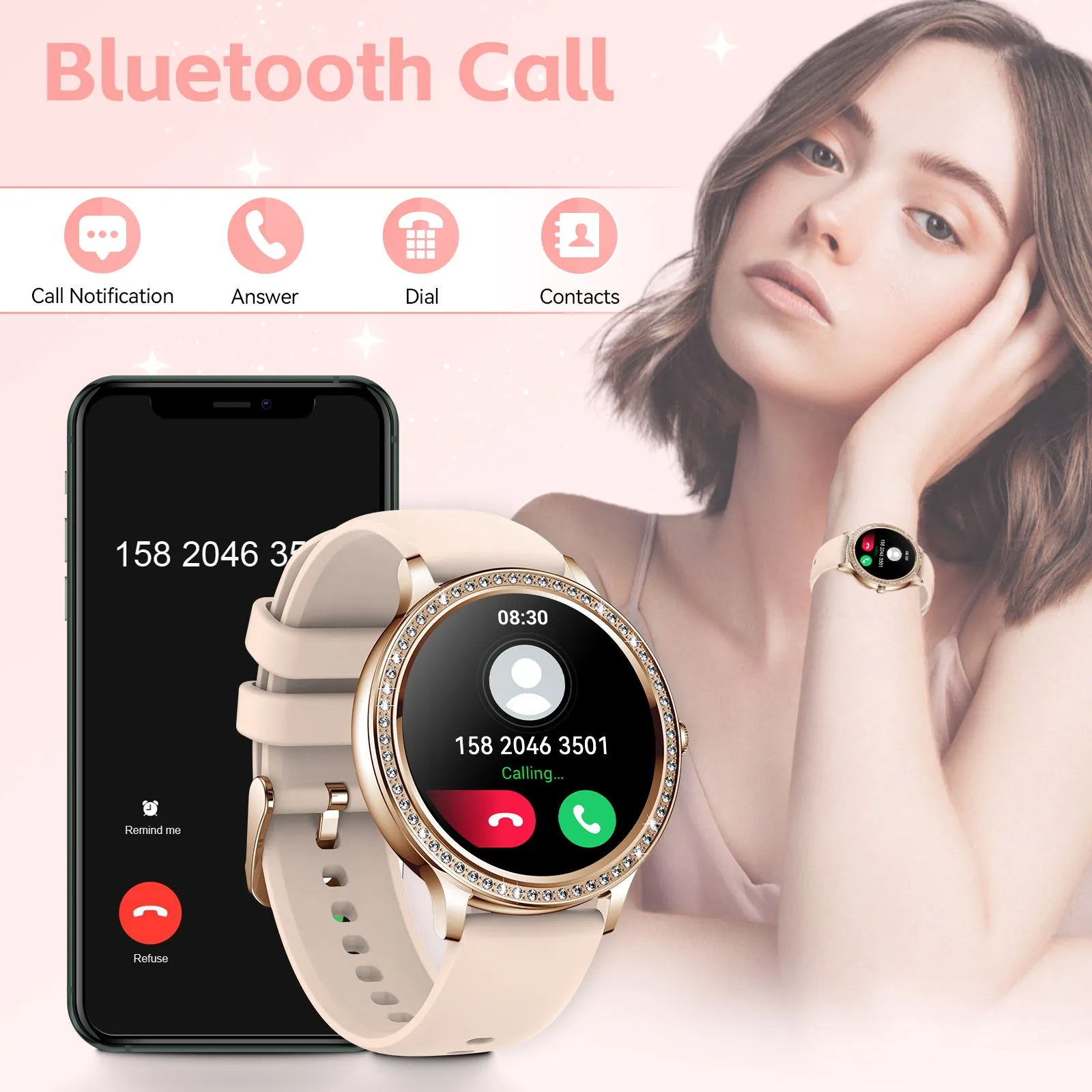 EIGIIS Smart Watches for Women Fashionable Look Ladies Smart Watch with Bluetooth Calls Heart Rate Sleep Monitor Fitness Trackers Watch with Step Counter Message Reminder for iOS Android