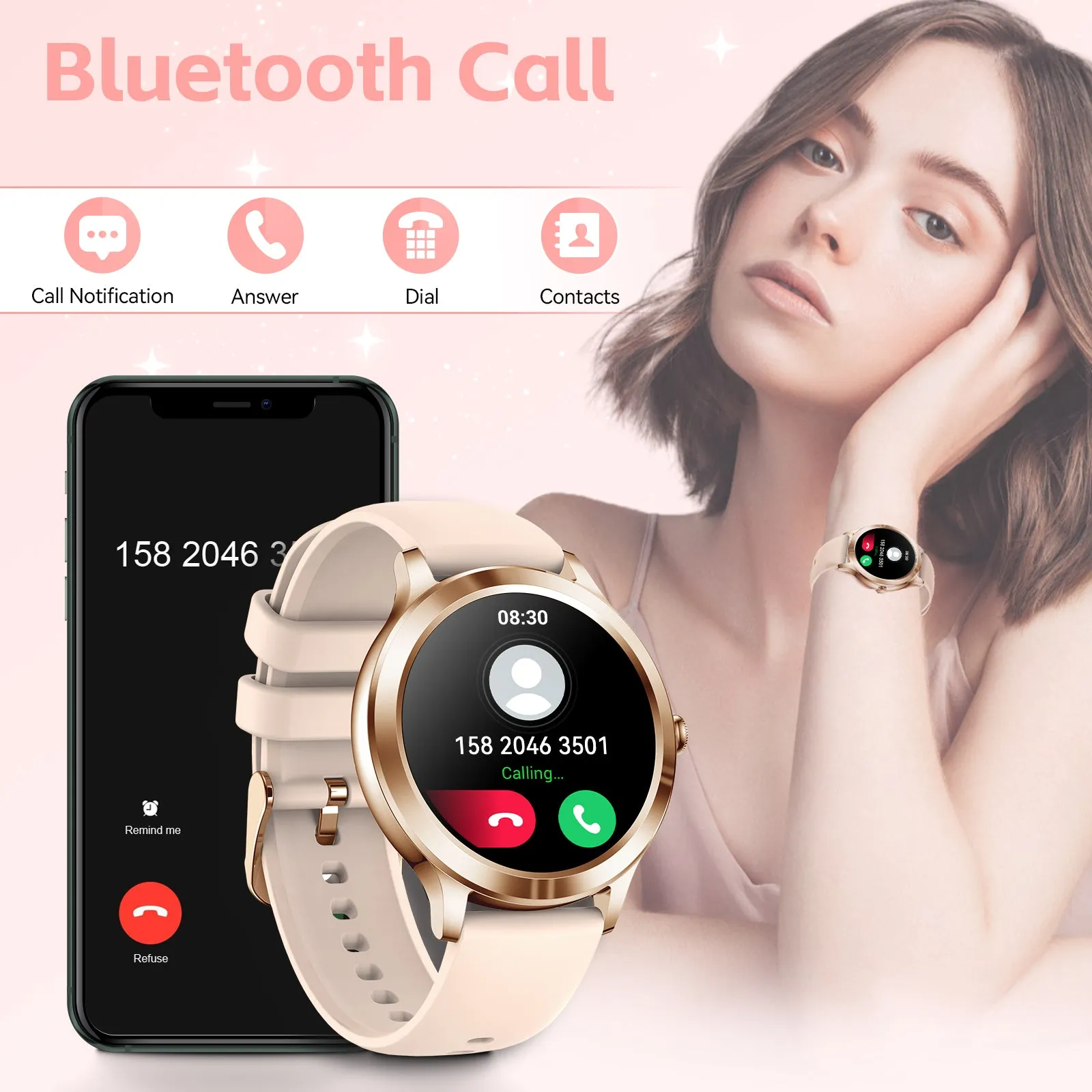 EIGIIS Smart Watches for Women Fashionable Look Ladies Smart Watch with Bluetooth Calls Heart Rate Sleep Monitor Fitness Trackers Watch with Step Counter Message Reminder for iOS Android