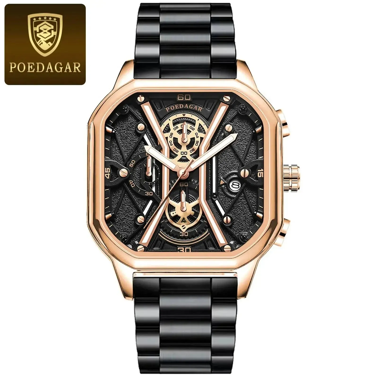 Elegance® 922 Skeleton Luxe Men Wristwatch Luxury Chronograph Luminous Waterproof Date Man Watch Square Dial Leather Quartz Men's Watches