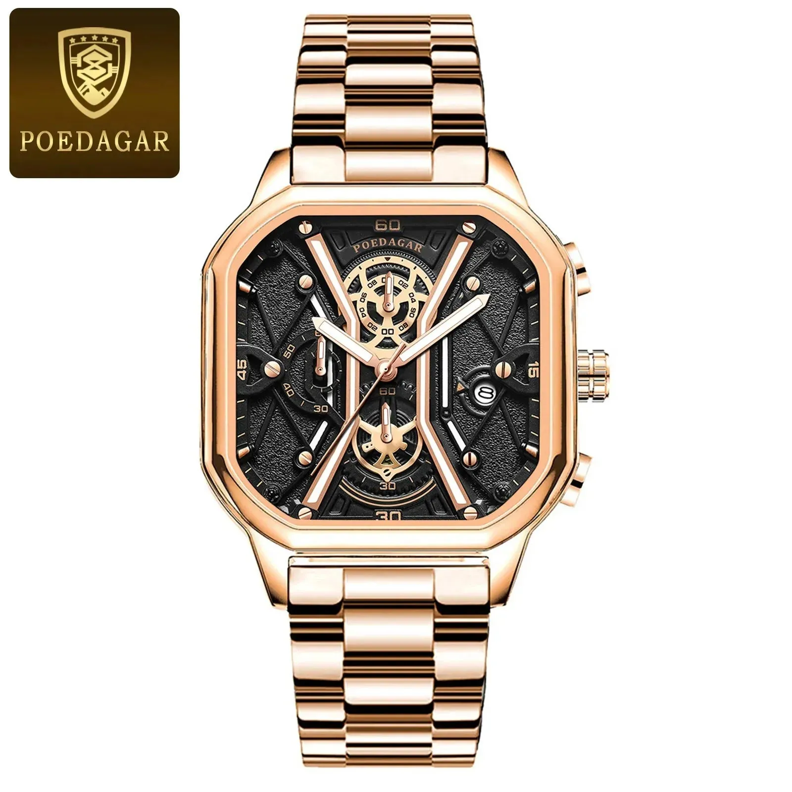 Elegance® 922 Skeleton Luxe Men Wristwatch Luxury Chronograph Luminous Waterproof Date Man Watch Square Dial Leather Quartz Men's Watches