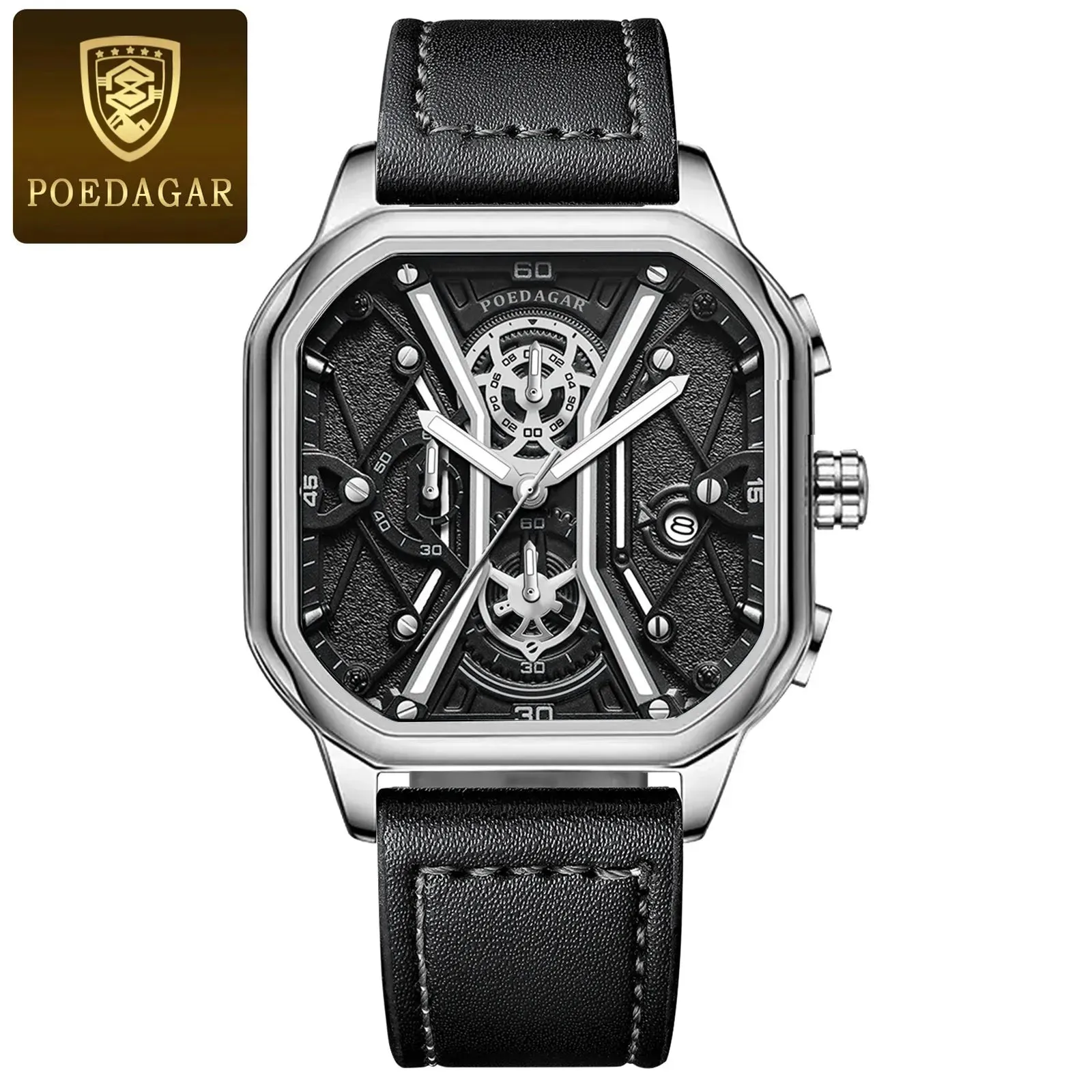 Elegance® 922 Skeleton Luxe Men Wristwatch Luxury Chronograph Luminous Waterproof Date Man Watch Square Dial Leather Quartz Men's Watches