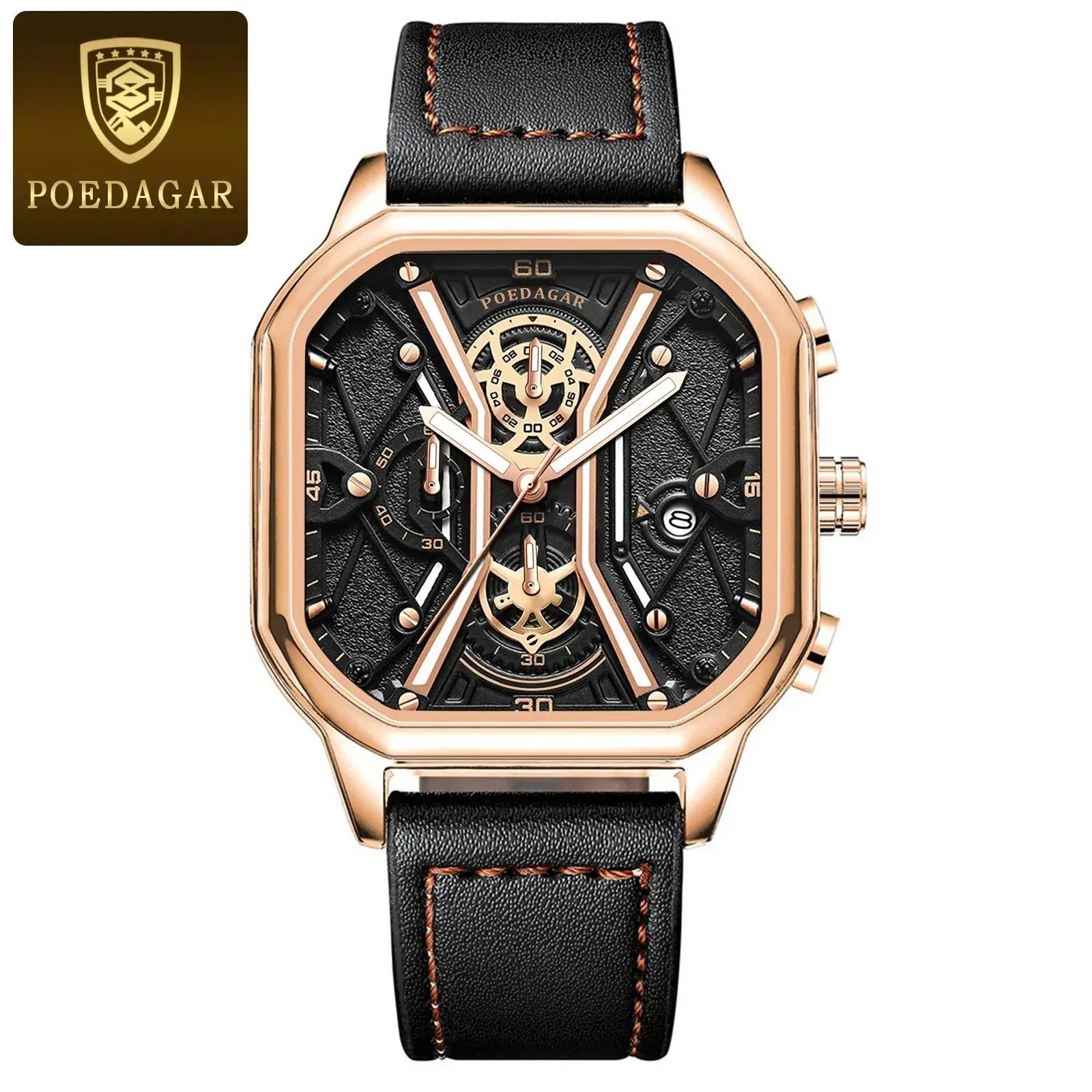 Elegance® 922 Skeleton Luxe Men Wristwatch Luxury Chronograph Luminous Waterproof Date Man Watch Square Dial Leather Quartz Men's Watches