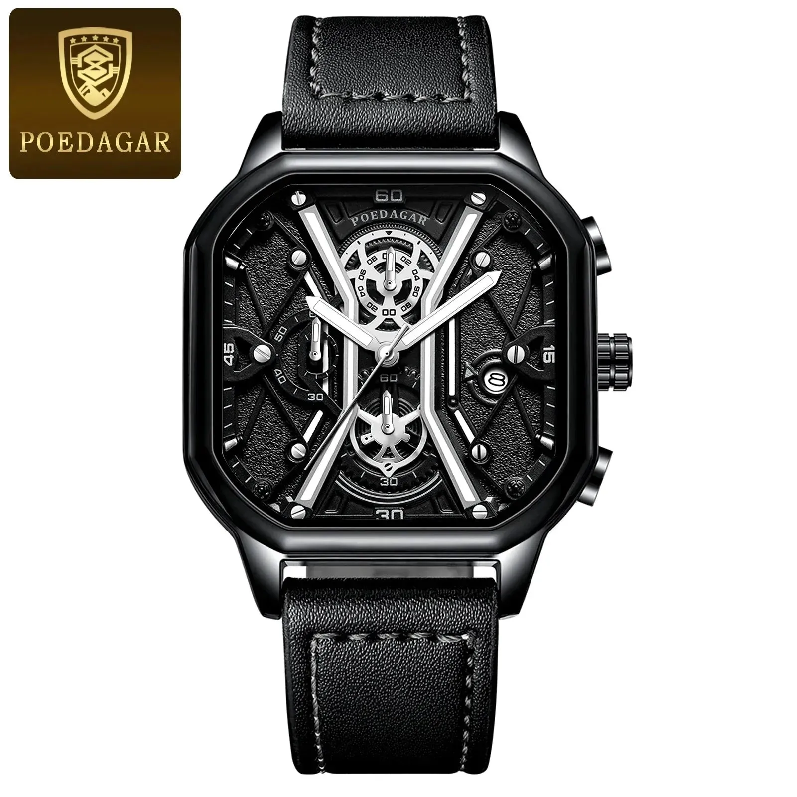 Elegance® 922 Skeleton Luxe Men Wristwatch Luxury Chronograph Luminous Waterproof Date Man Watch Square Dial Leather Quartz Men's Watches
