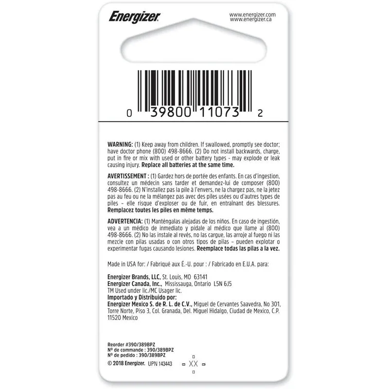 Energizer Silver Oxide 389/390 1.55 V 0.08 mAh Electronic/Watch Battery 1 pk