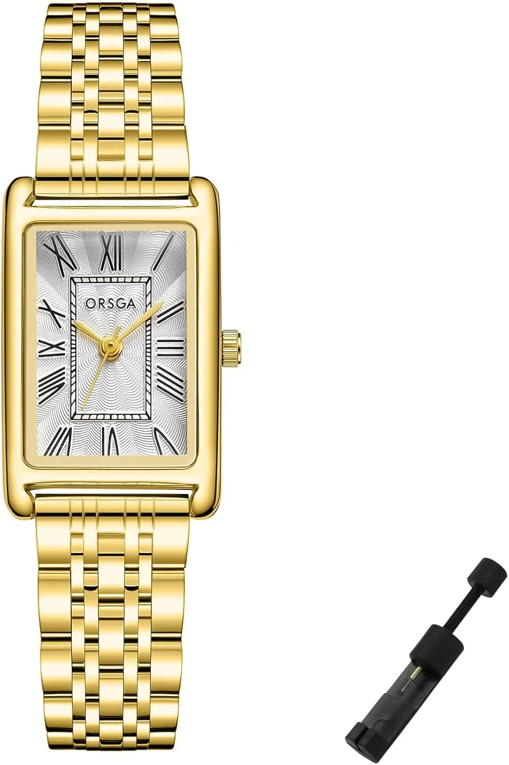 Gold Watch for Women, Rectangular Case, Roman Dial, Stainless Steel Bracelet Watches, Water Resistant, Easy Reader Ladies Quartz Wristwatch, Bracelet Adjustment Tool Included