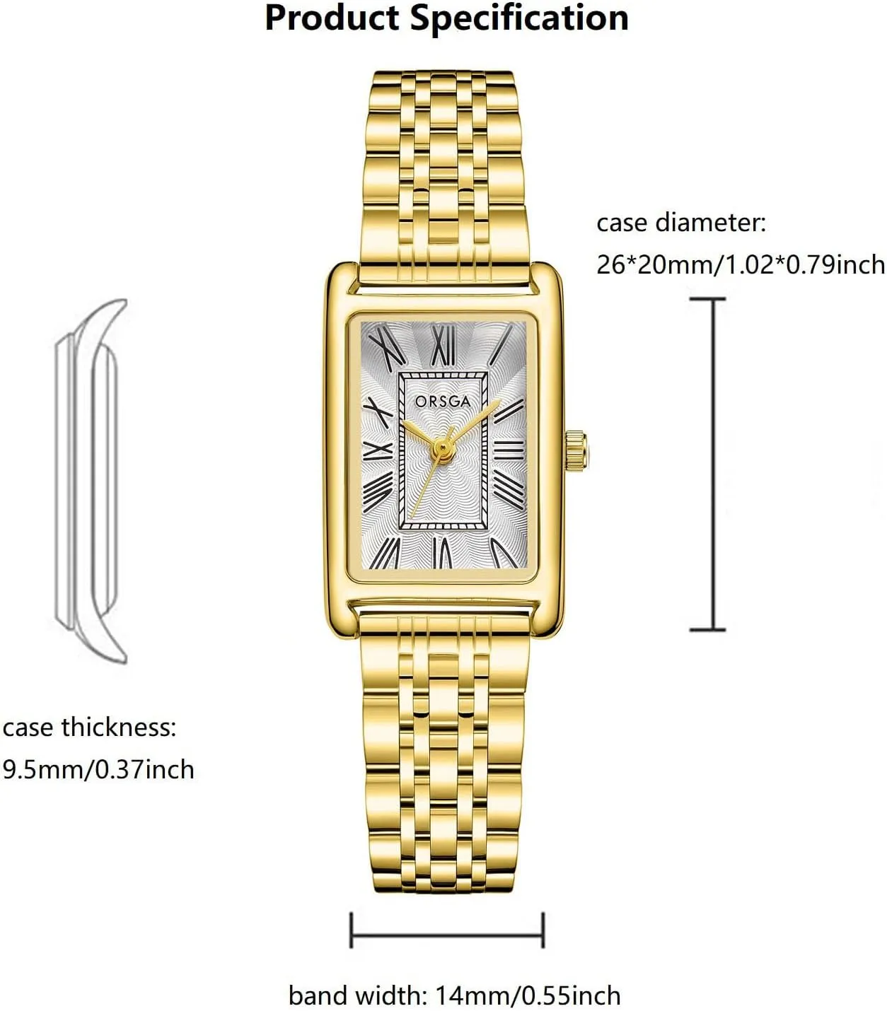 Gold Watch for Women, Rectangular Case, Roman Dial, Stainless Steel Bracelet Watches, Water Resistant, Easy Reader Ladies Quartz Wristwatch, Bracelet Adjustment Tool Included