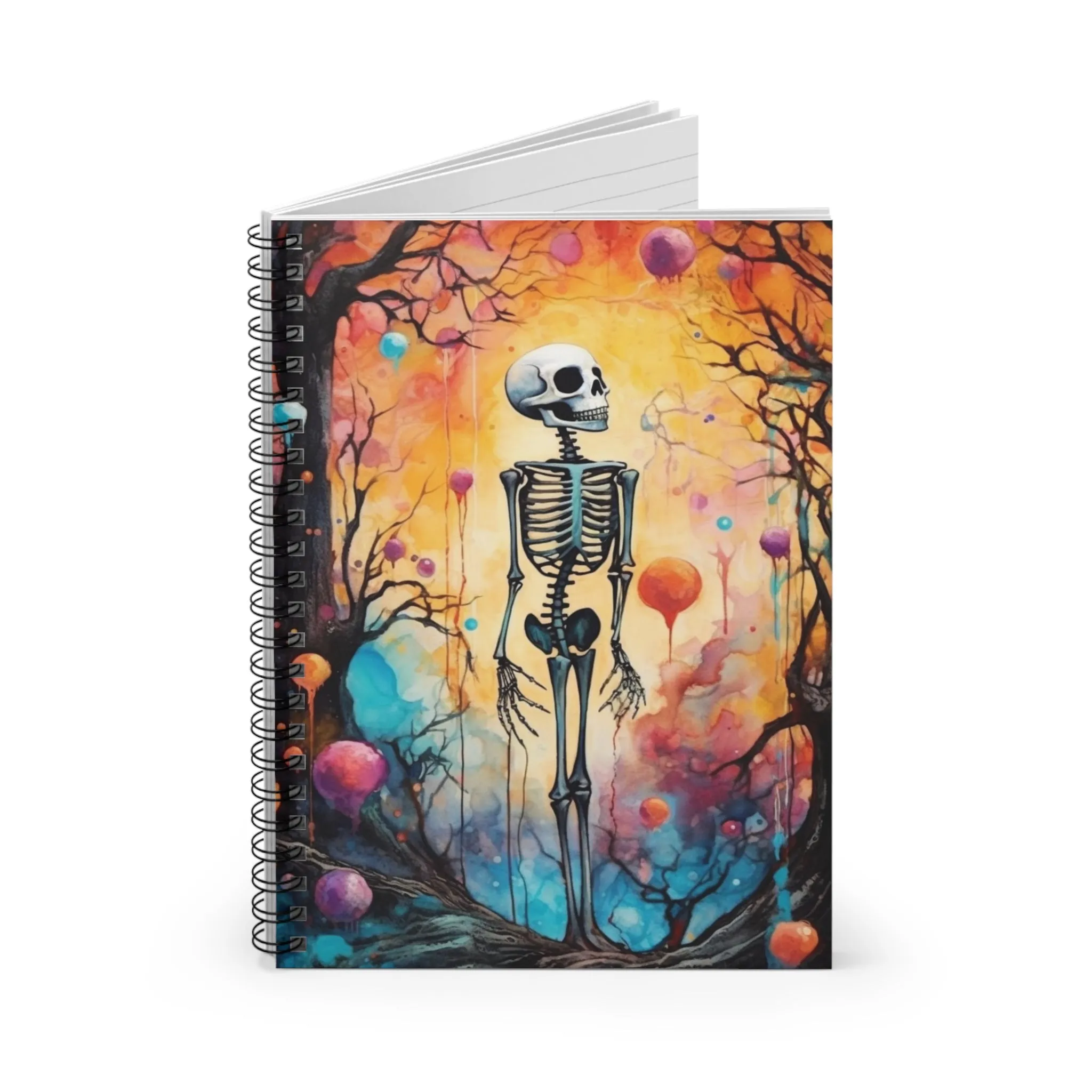 Halloween Skeleton Watercolor Art Journal Notebook | Skeleton Art Gift |  Ruled Line Spiral Notebook