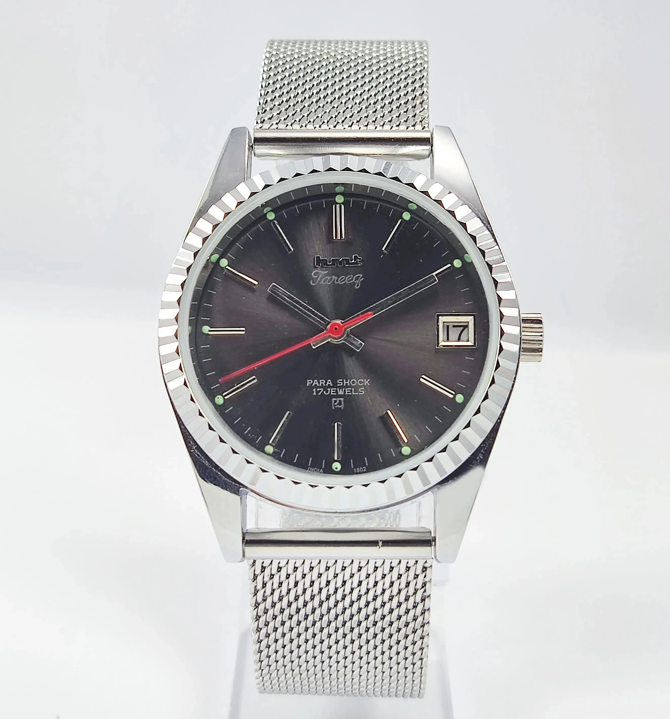 HMT Tareeq Para Shock 17 Jewels Black Dial Transparent Back Mechanical Hand winding Men's Wrist Watch