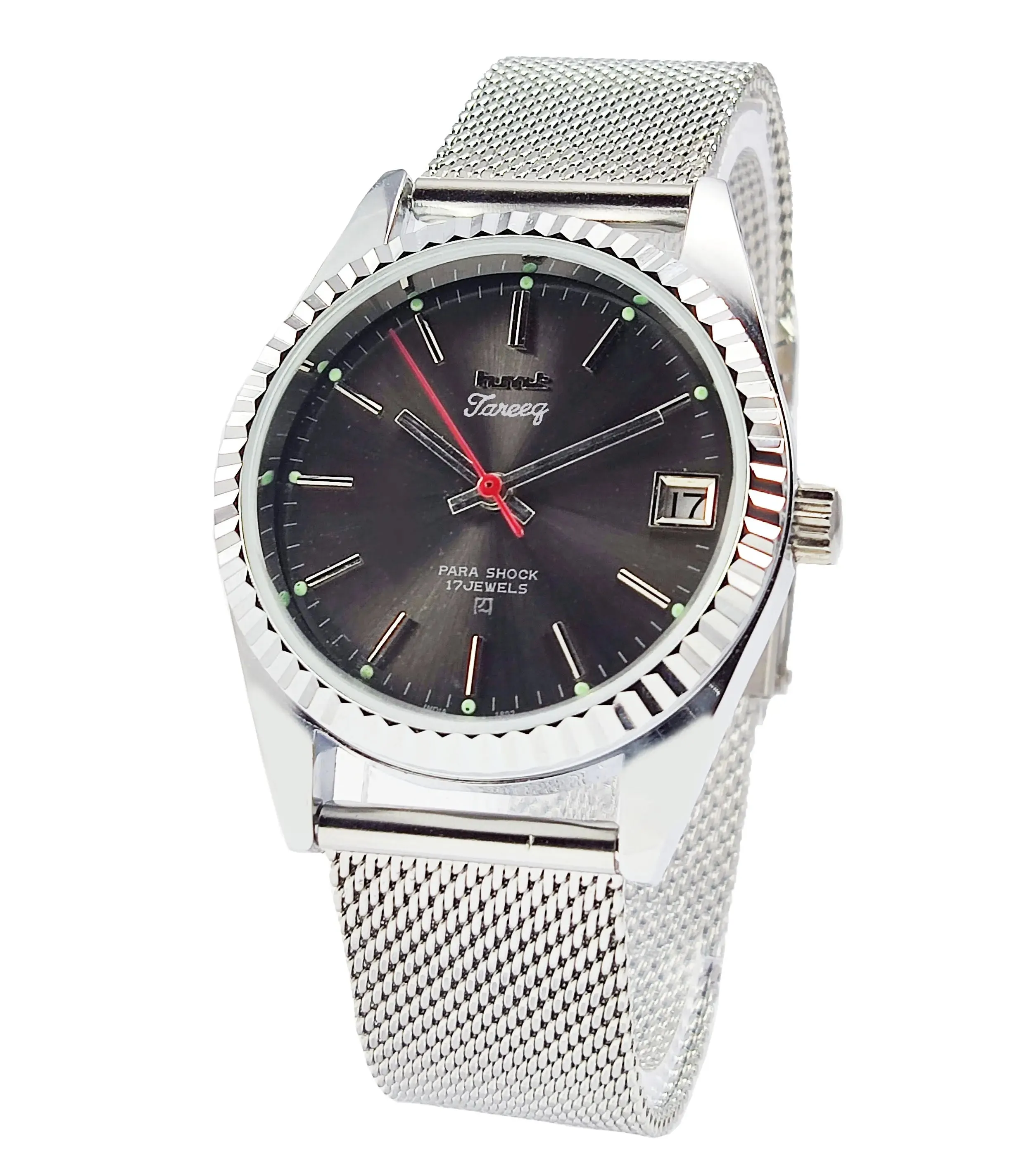 HMT Tareeq Para Shock 17 Jewels Black Dial Transparent Back Mechanical Hand winding Men's Wrist Watch