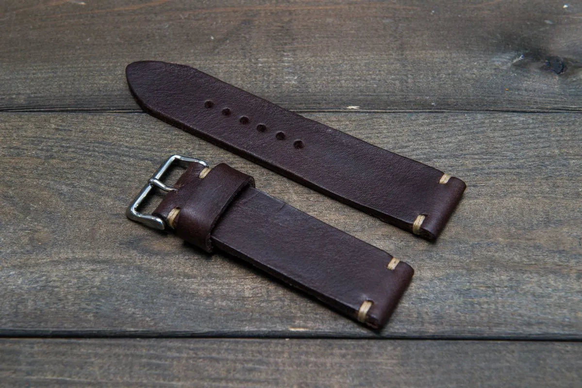 Italian bull leather watch strap 4 mm thick, Oily Brown Castagna, handmade in Finland -  16mm, 17 mm, 18mm, 19 mm, 20mm, 21mm, 22mm, 23 mm, 24mm, 25 mm, 26 mm.