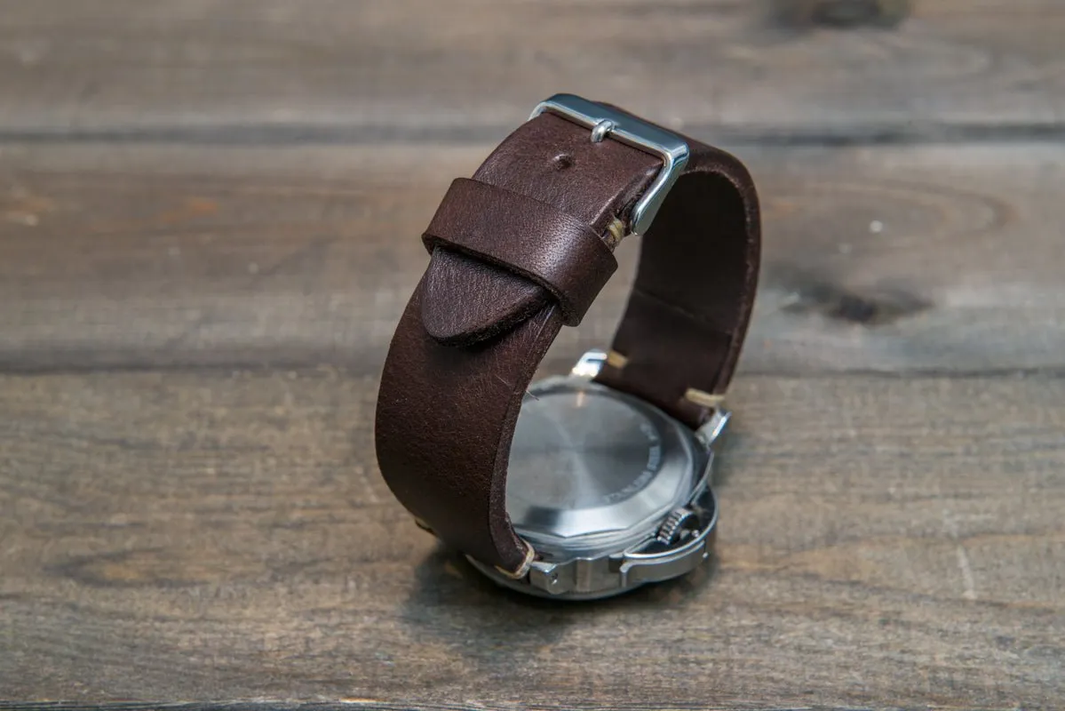 Italian bull leather watch strap 4 mm thick, Oily Brown Castagna, handmade in Finland -  16mm, 17 mm, 18mm, 19 mm, 20mm, 21mm, 22mm, 23 mm, 24mm, 25 mm, 26 mm.