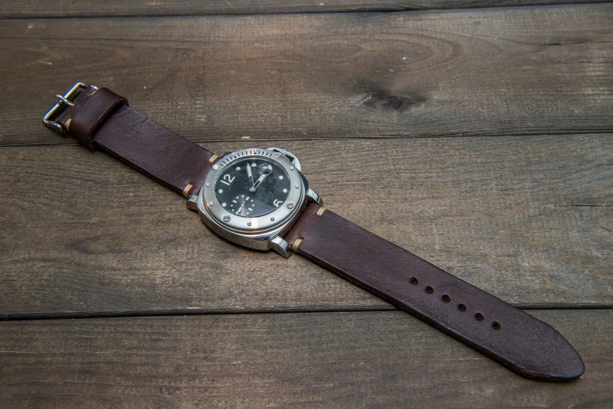 Italian bull leather watch strap 4 mm thick, Oily Brown Castagna, handmade in Finland -  16mm, 17 mm, 18mm, 19 mm, 20mm, 21mm, 22mm, 23 mm, 24mm, 25 mm, 26 mm.