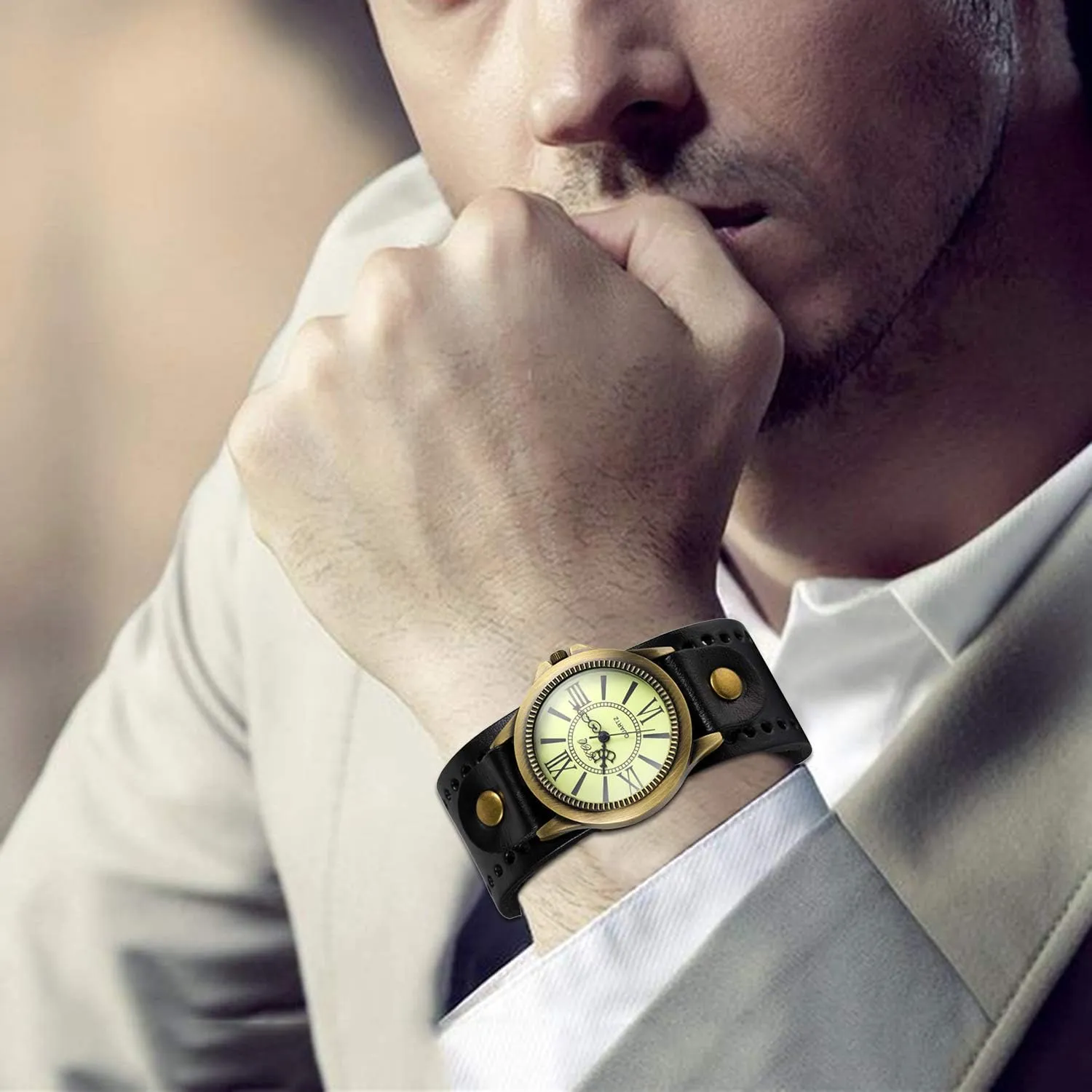 JewelryWe Vintage Wrist Watch Wide Leather Strap Band Cuff Quartz Watches for Men Women