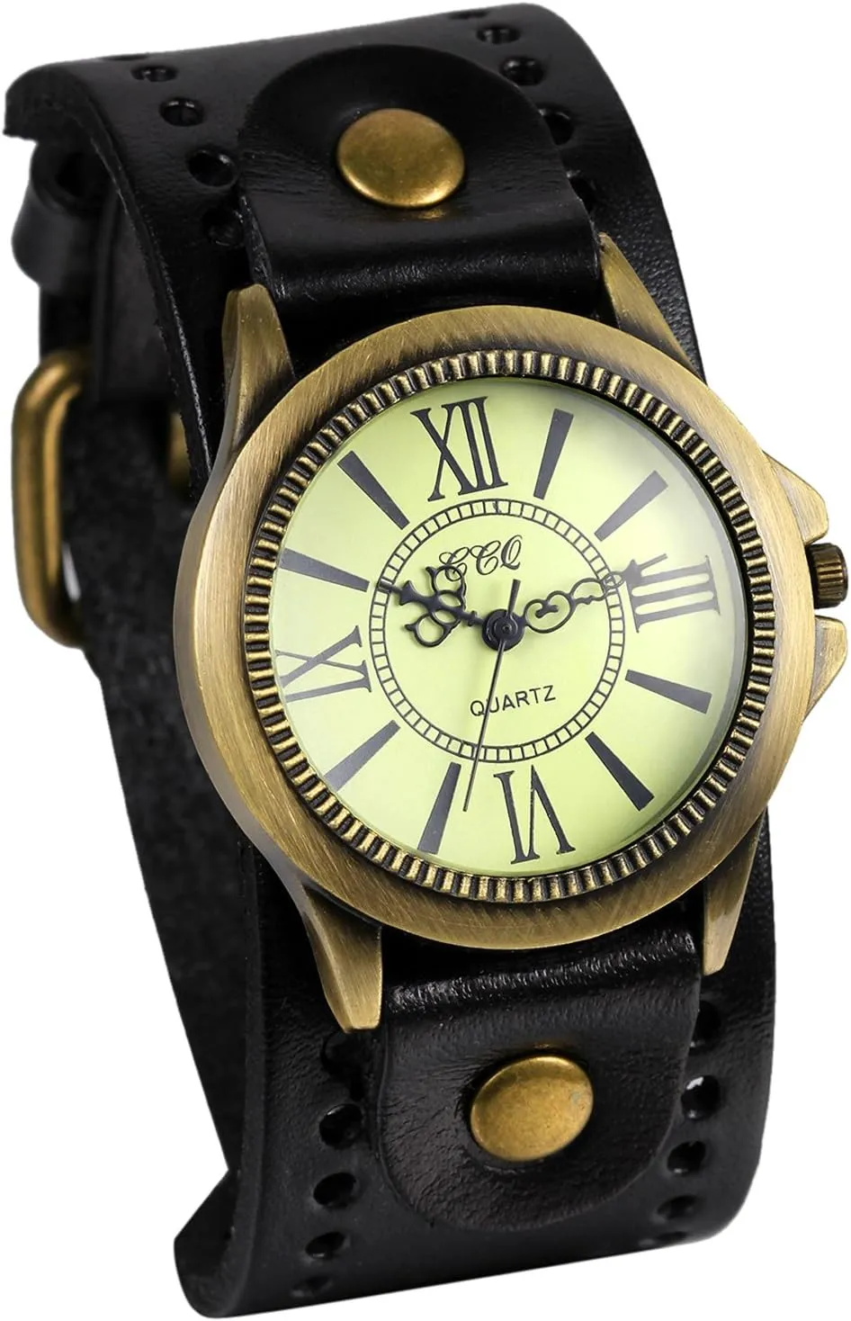 JewelryWe Vintage Wrist Watch Wide Leather Strap Band Cuff Quartz Watches for Men Women