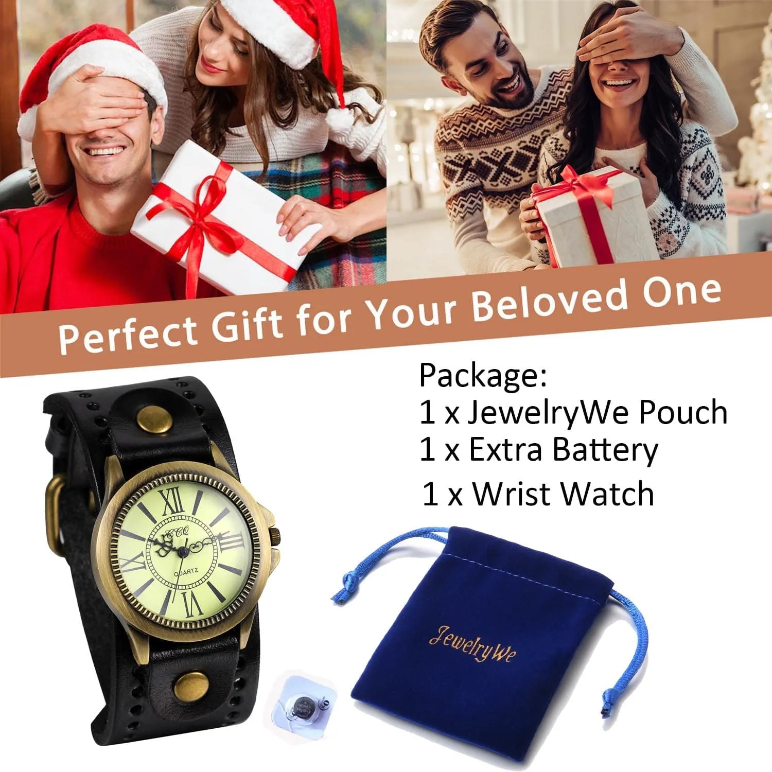 JewelryWe Vintage Wrist Watch Wide Leather Strap Band Cuff Quartz Watches for Men Women