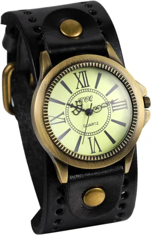 JewelryWe Vintage Wrist Watch Wide Leather Strap Band Cuff Quartz Watches for Men Women