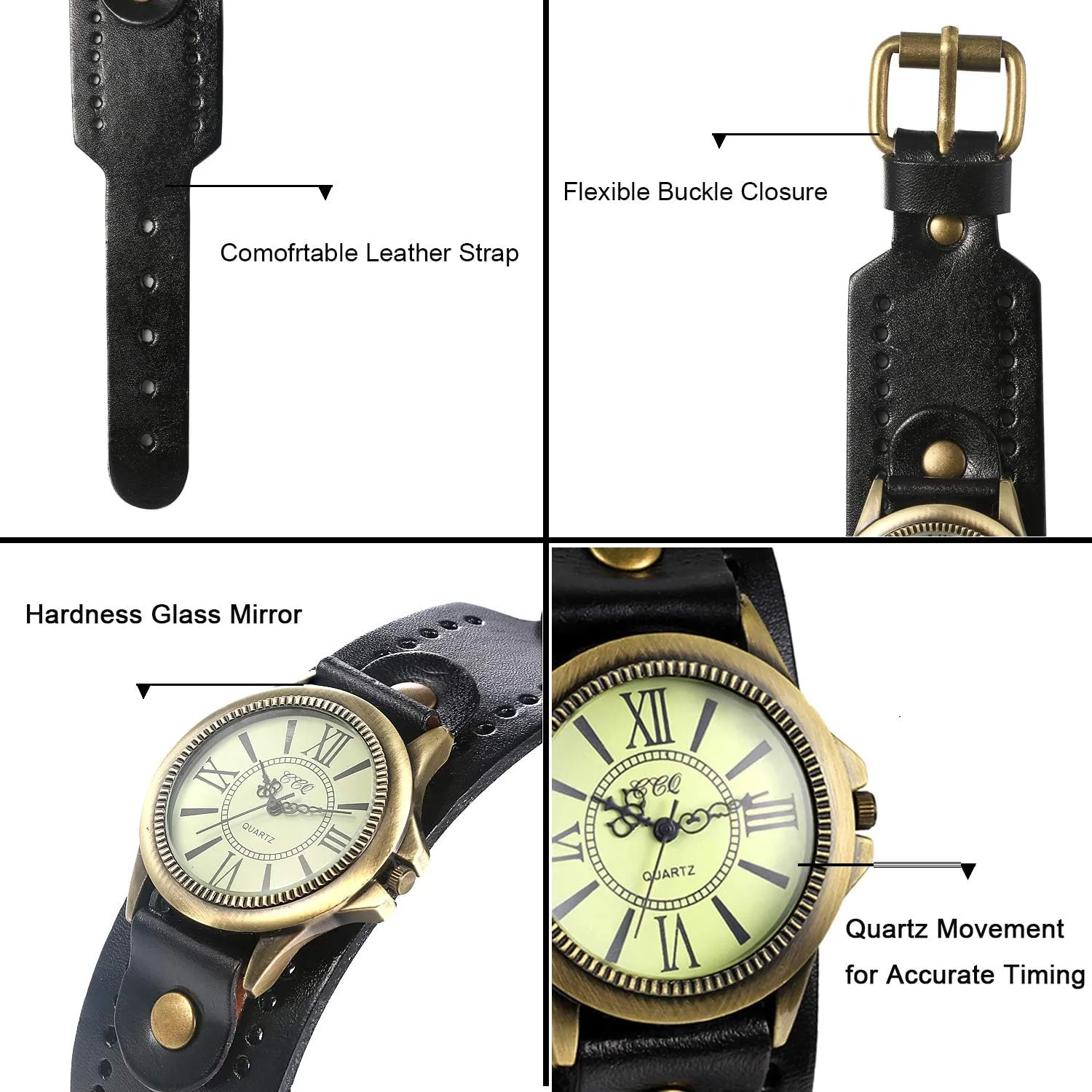 JewelryWe Vintage Wrist Watch Wide Leather Strap Band Cuff Quartz Watches for Men Women