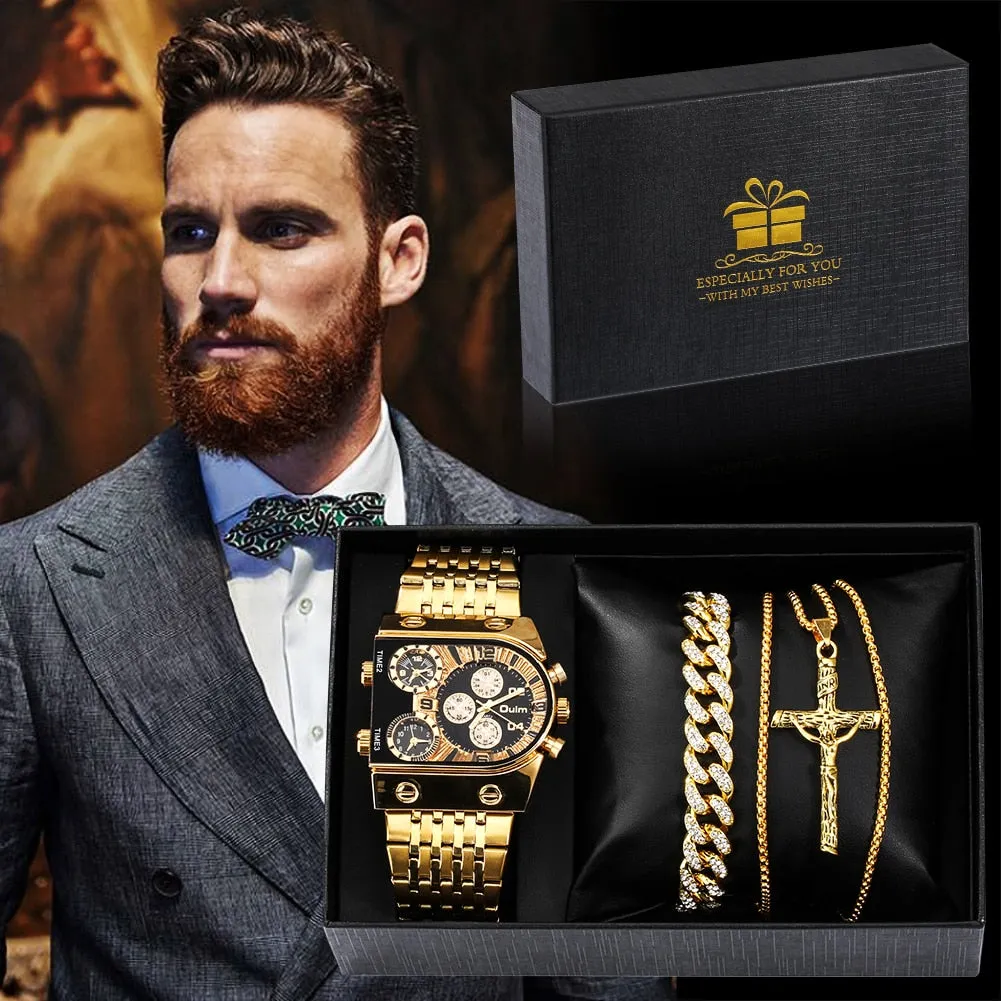 Luxury Men Watch Set Gift for Men Golden Quartz Bracelet Necklace Gifts Set for Men Fashion Men