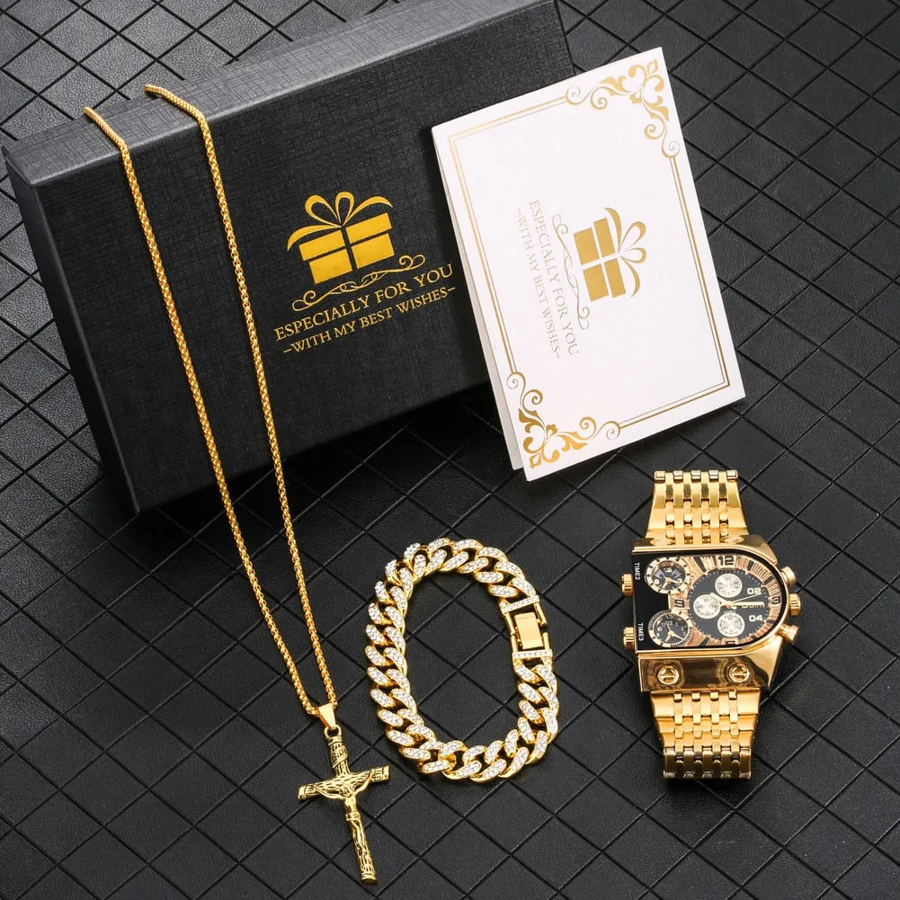 Luxury Men Watch Set Gift for Men Golden Quartz Bracelet Necklace Gifts Set for Men Fashion Men