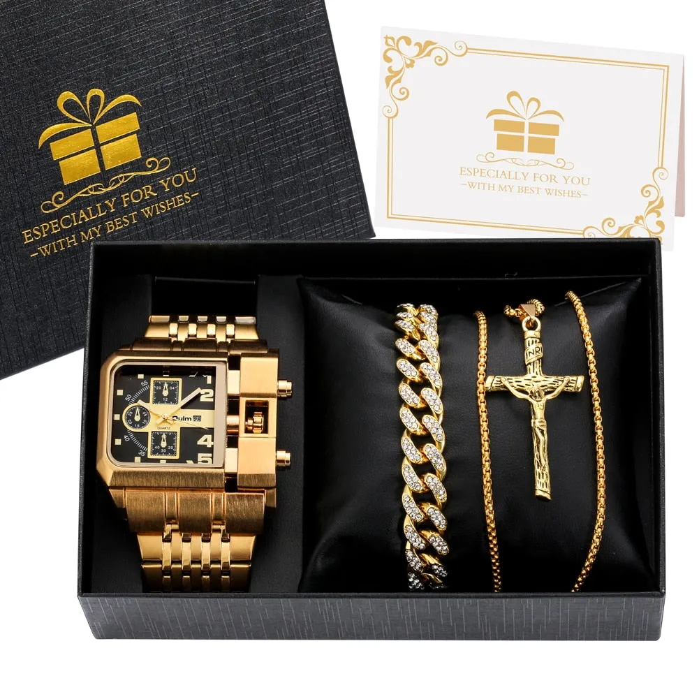 Luxury Men Watch Set Gift for Men Golden Quartz Bracelet Necklace Gifts Set for Men Fashion Men