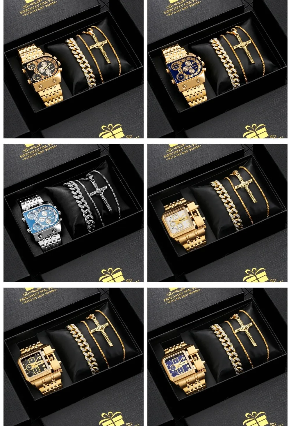 Luxury Men Watch Set Gift for Men Golden Quartz Bracelet Necklace Gifts Set for Men Fashion Men