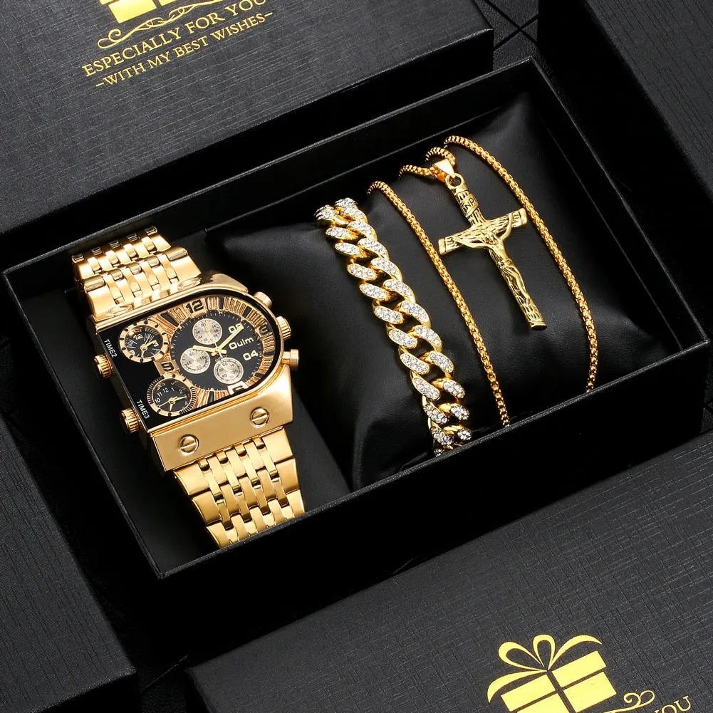 Luxury Men Watch Set Gift for Men Golden Quartz Bracelet Necklace Gifts Set for Men Fashion Men