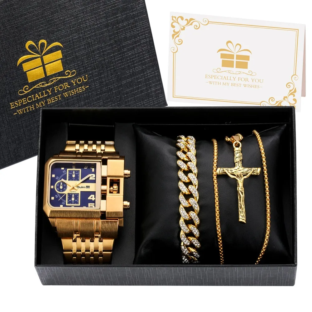 Luxury Men Watch Set Gift for Men Golden Quartz Bracelet Necklace Gifts Set for Men Fashion Men