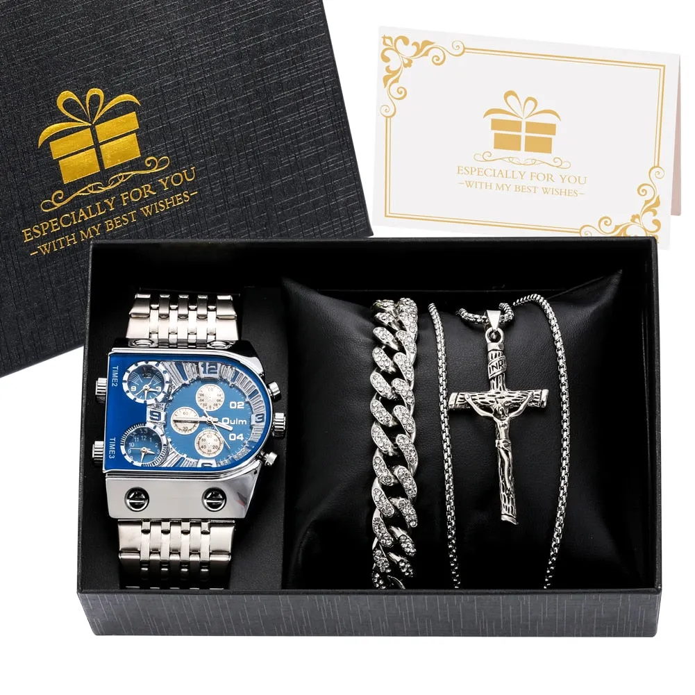 Luxury Men Watch Set Gift for Men Golden Quartz Bracelet Necklace Gifts Set for Men Fashion Men