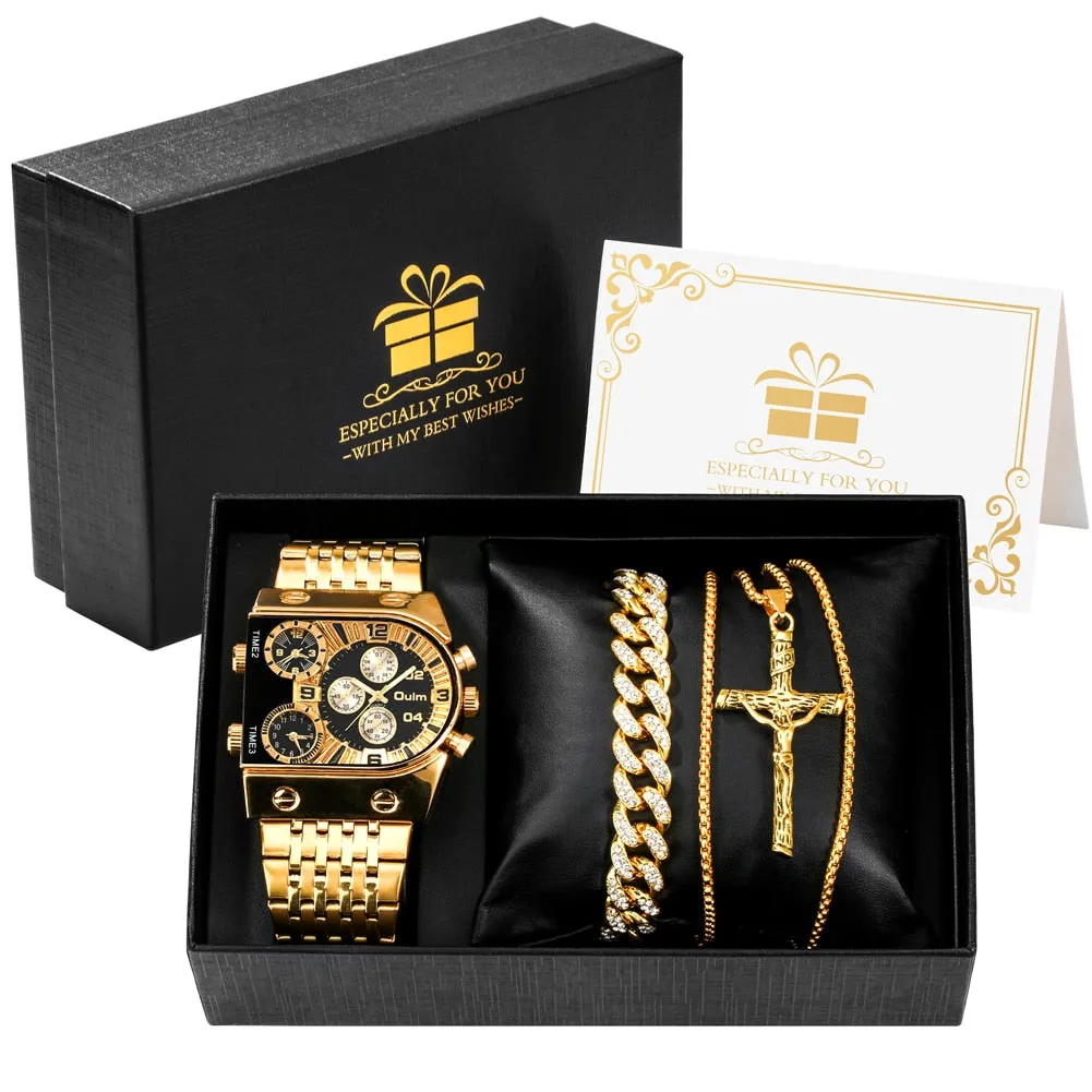 Luxury Men Watch Set Gift for Men Golden Quartz Bracelet Necklace Gifts Set for Men Fashion Men