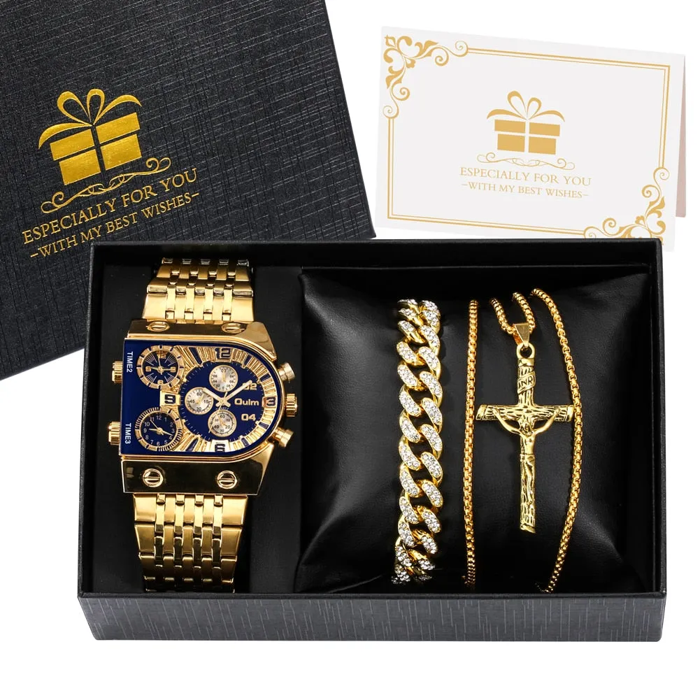 Luxury Men Watch Set Gift for Men Golden Quartz Bracelet Necklace Gifts Set for Men Fashion Men