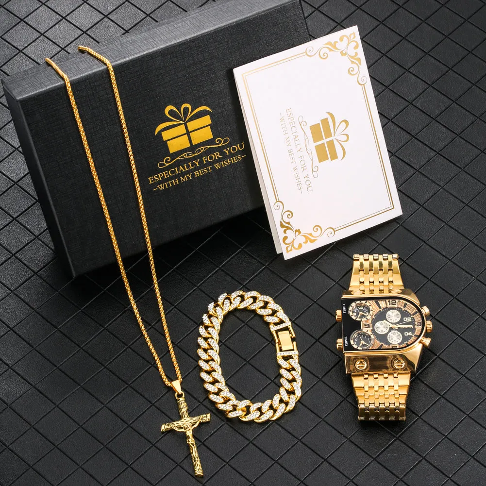 Luxury Men Watch Set Gift for Men Golden Quartz Bracelet Necklace Gifts Set for Men Fashion Men