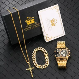 Luxury Men Watch Set Gift for Men Golden Quartz Bracelet Necklace Gifts Set for Men Fashion Men
