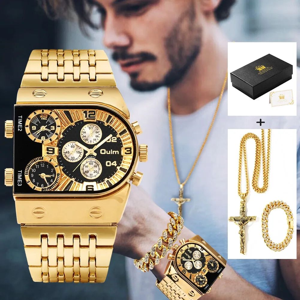 Luxury Men Watch Set Gift for Men Golden Quartz Bracelet Necklace Gifts Set for Men Fashion Men