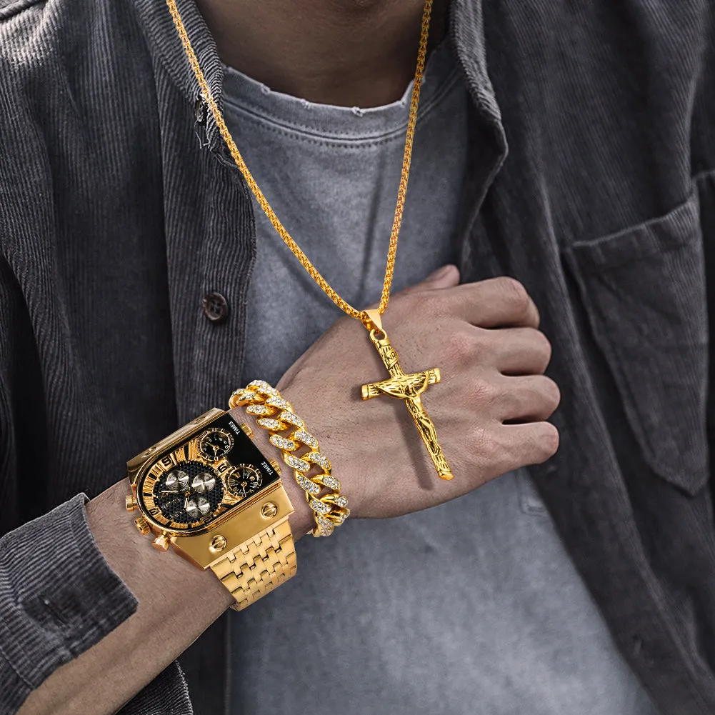 Luxury Men Watch Set Gift for Men Golden Quartz Bracelet Necklace Gifts Set for Men Fashion Men