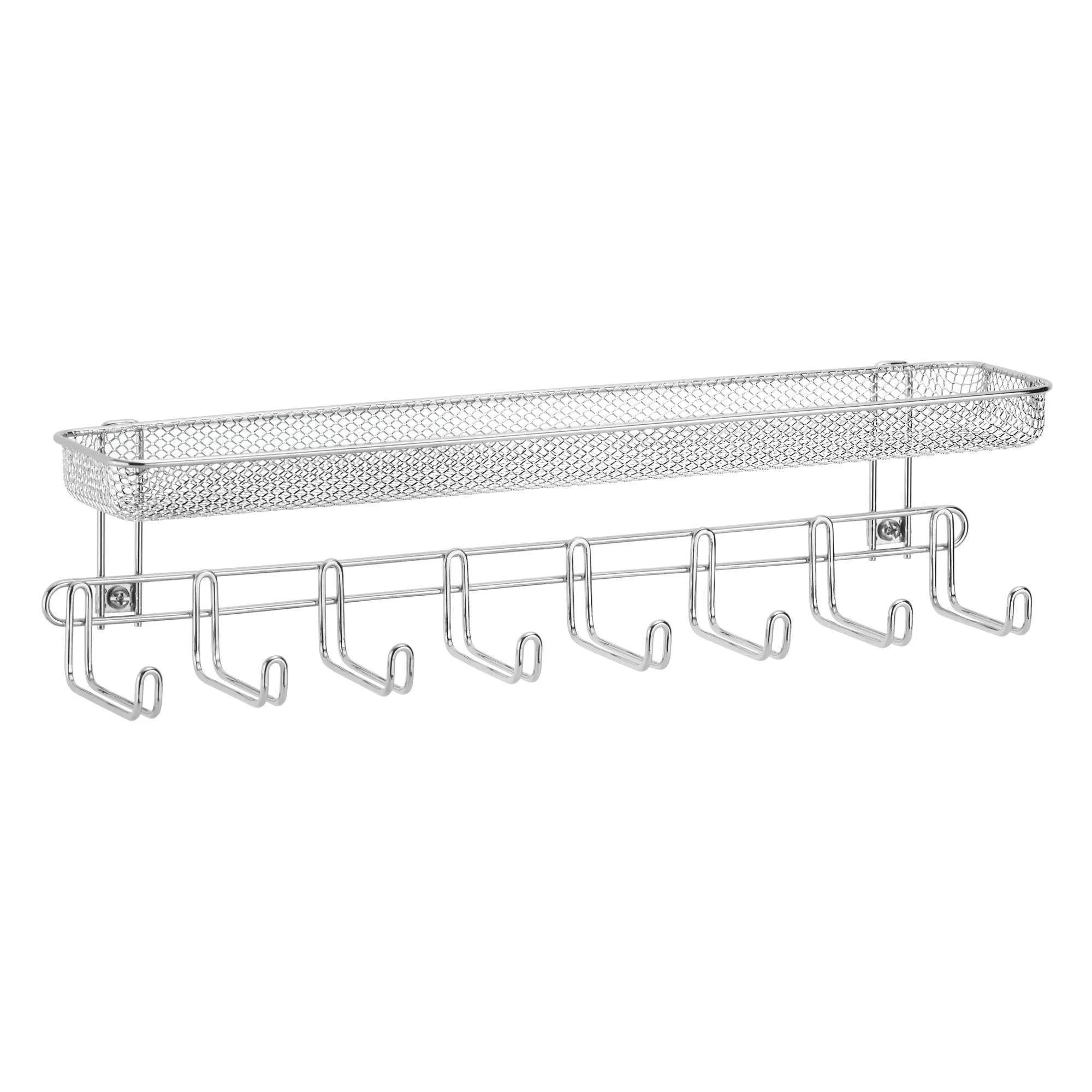 mDesign Closet Wall Mount Accessory Organizer for Storage of Ties, Belts, Watches, Glasses, Accessories - 8 Hooks/1 Basket, Pack of 2, Chrome