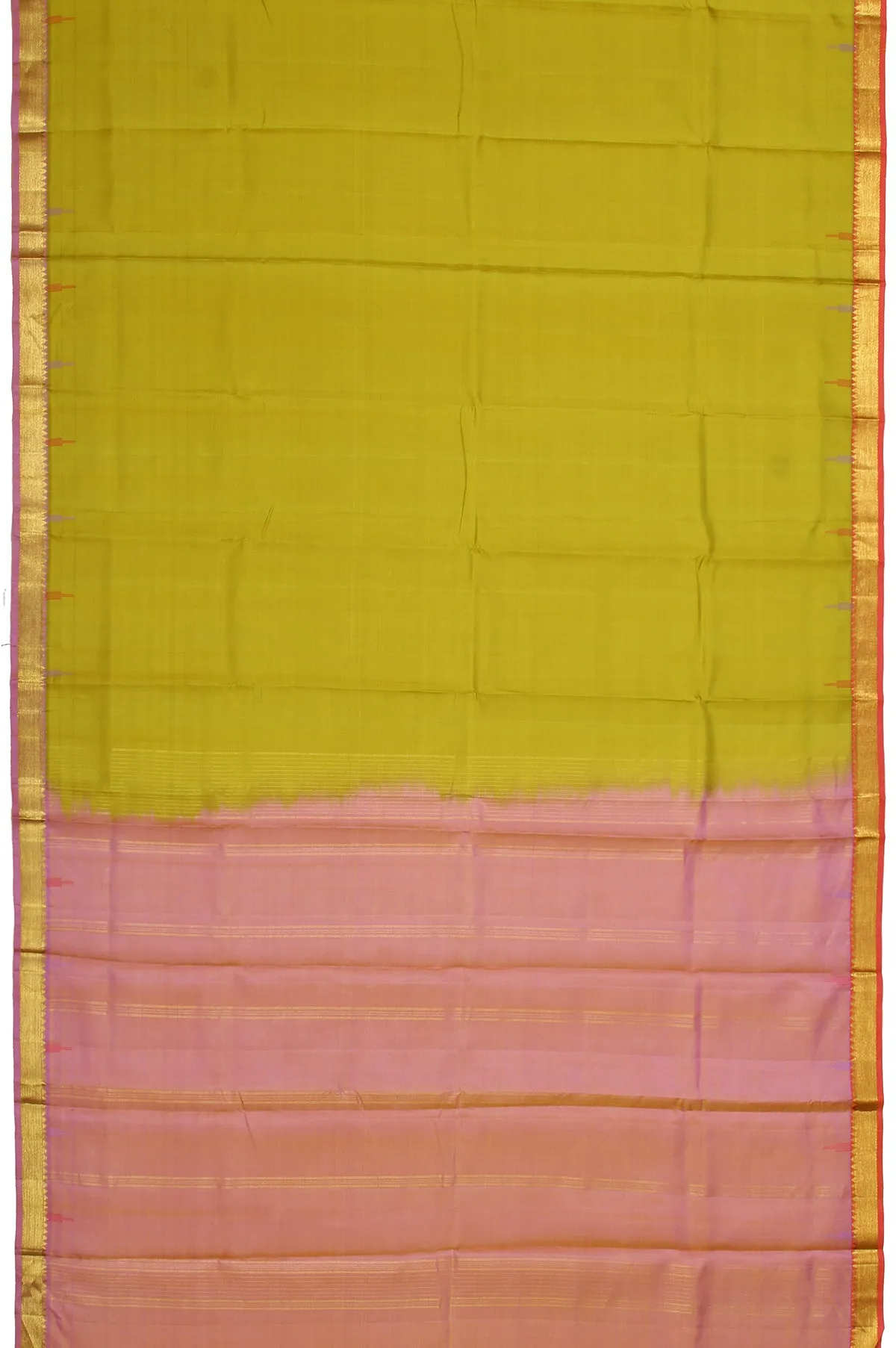Mehendi Green Kanchipuram Silk Saree with Orange and Lavender Border