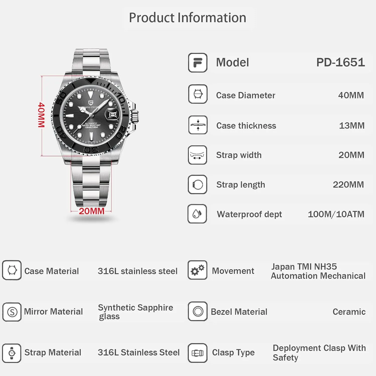 Men Watches Pagani Design Watch for Men Automatic NH35 Mechanical 100M Waterproof Stainless Steel Sapphire Glass Yacht Wristwatch PD-1651