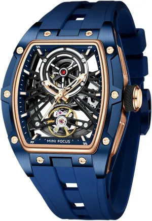 MF MINI FOCUS Unique Men Watches,Automatic Mechanical Watch,Luxury Hollow Tonneau Watches for Men with Stainless Steel Case and Silicon Band (Self-Wind Movement/5ATM Waterproof/Super_Luminous)