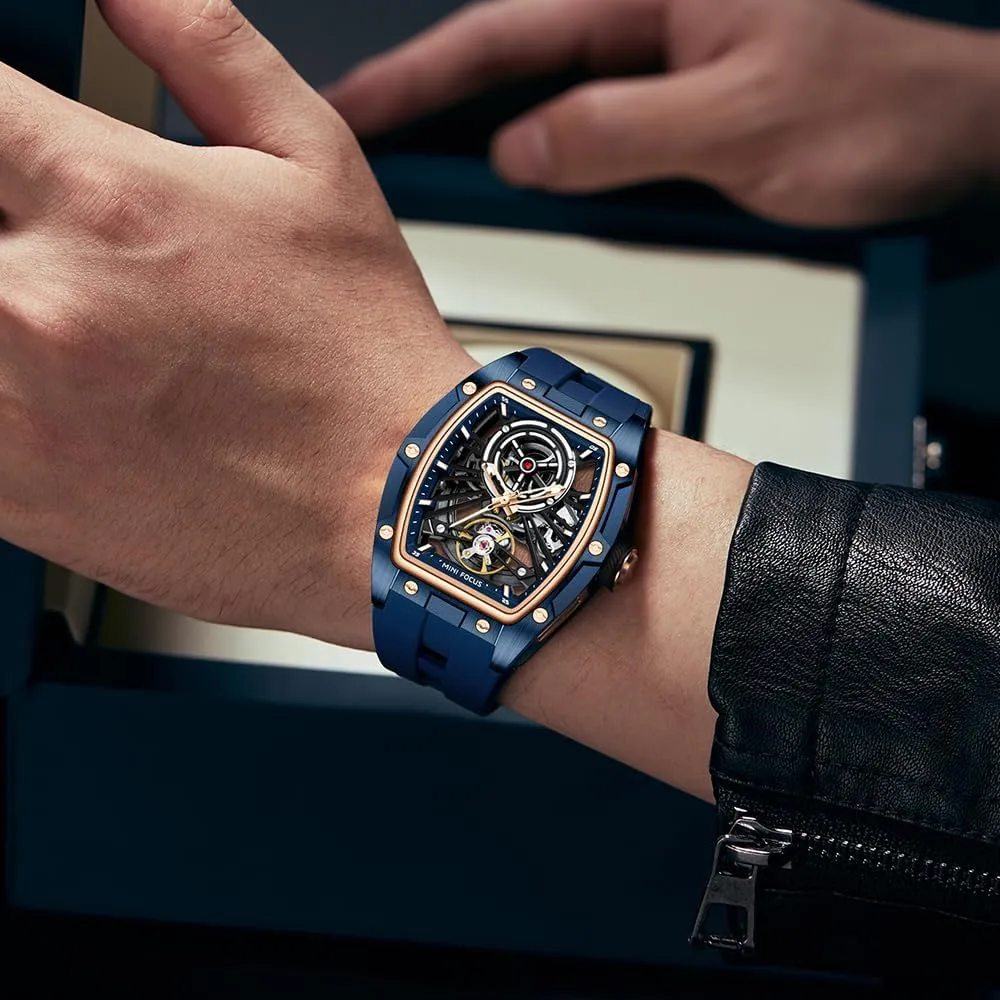 MF MINI FOCUS Unique Men Watches,Automatic Mechanical Watch,Luxury Hollow Tonneau Watches for Men with Stainless Steel Case and Silicon Band (Self-Wind Movement/5ATM Waterproof/Super_Luminous)