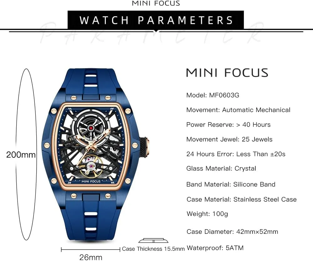 MF MINI FOCUS Unique Men Watches,Automatic Mechanical Watch,Luxury Hollow Tonneau Watches for Men with Stainless Steel Case and Silicon Band (Self-Wind Movement/5ATM Waterproof/Super_Luminous)