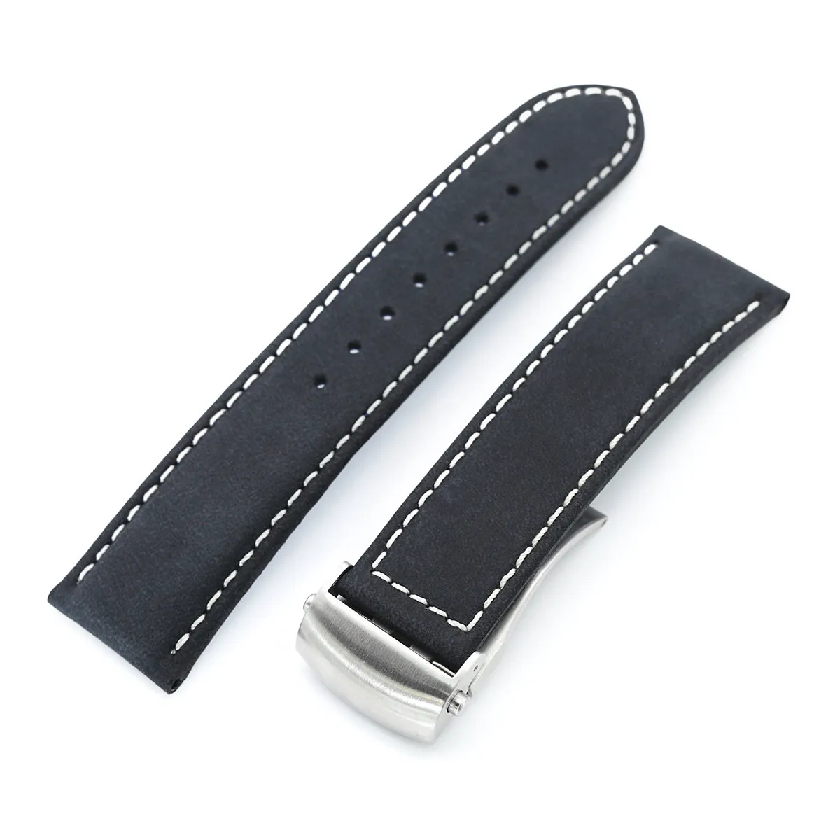 MiLTAT 20mm Matte Black Nubuck Leather Deployment Watch Strap, Beige Stitching