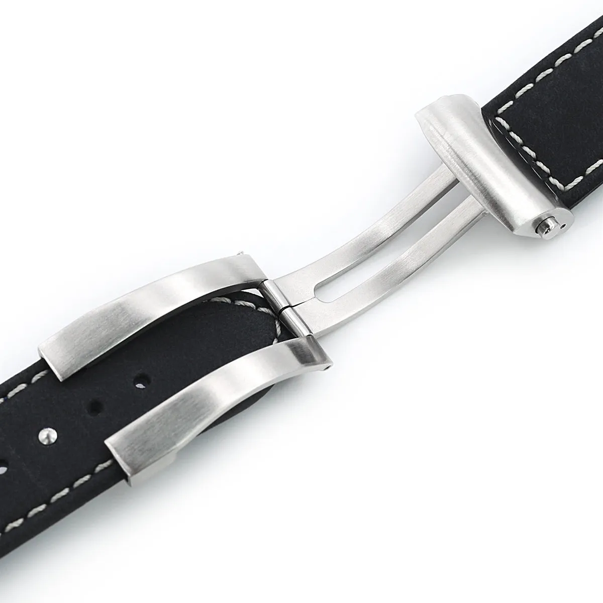 MiLTAT 20mm Matte Black Nubuck Leather Deployment Watch Strap, Beige Stitching