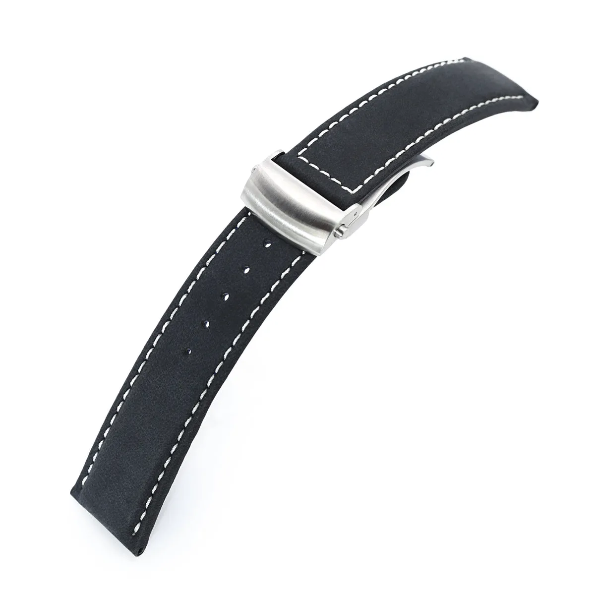 MiLTAT 20mm Matte Black Nubuck Leather Deployment Watch Strap, Beige Stitching