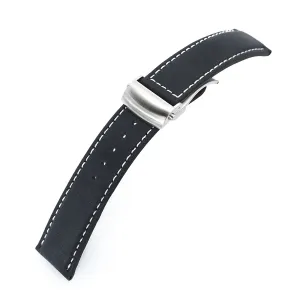 MiLTAT 20mm Matte Black Nubuck Leather Deployment Watch Strap, Beige Stitching