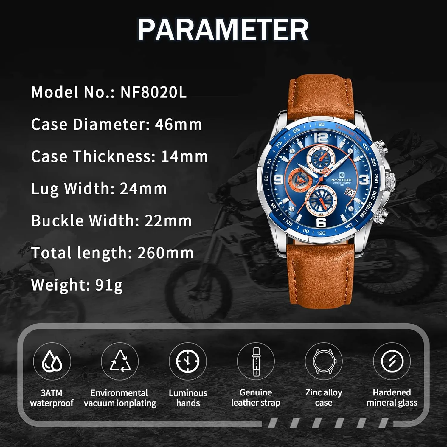 NAVIFORCE Sport Watches for Men Analog Quartz Chronograph Leather Strap Wrist Watch
