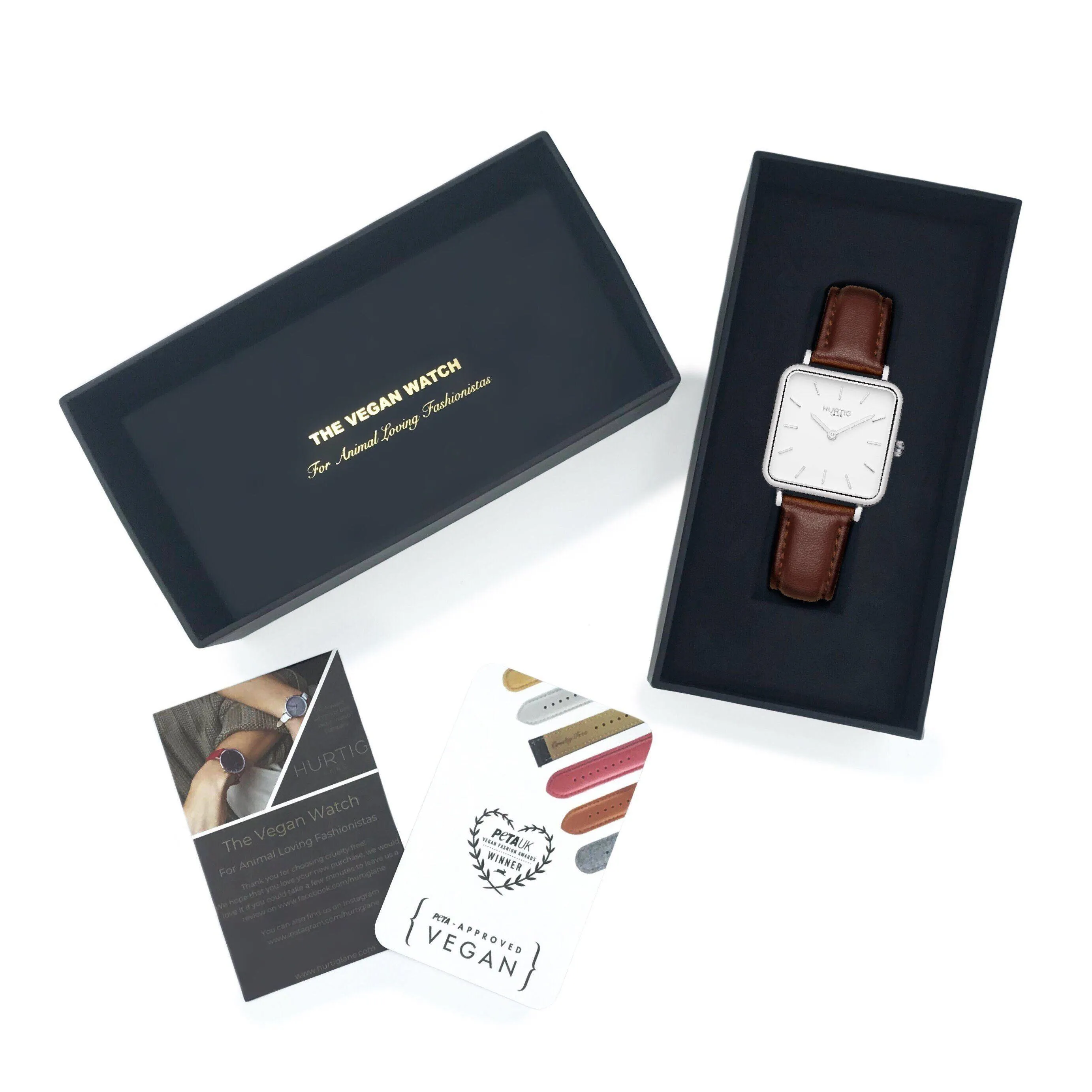 Neliö Square Vegan Leather Watch Silver, White & Chestnut