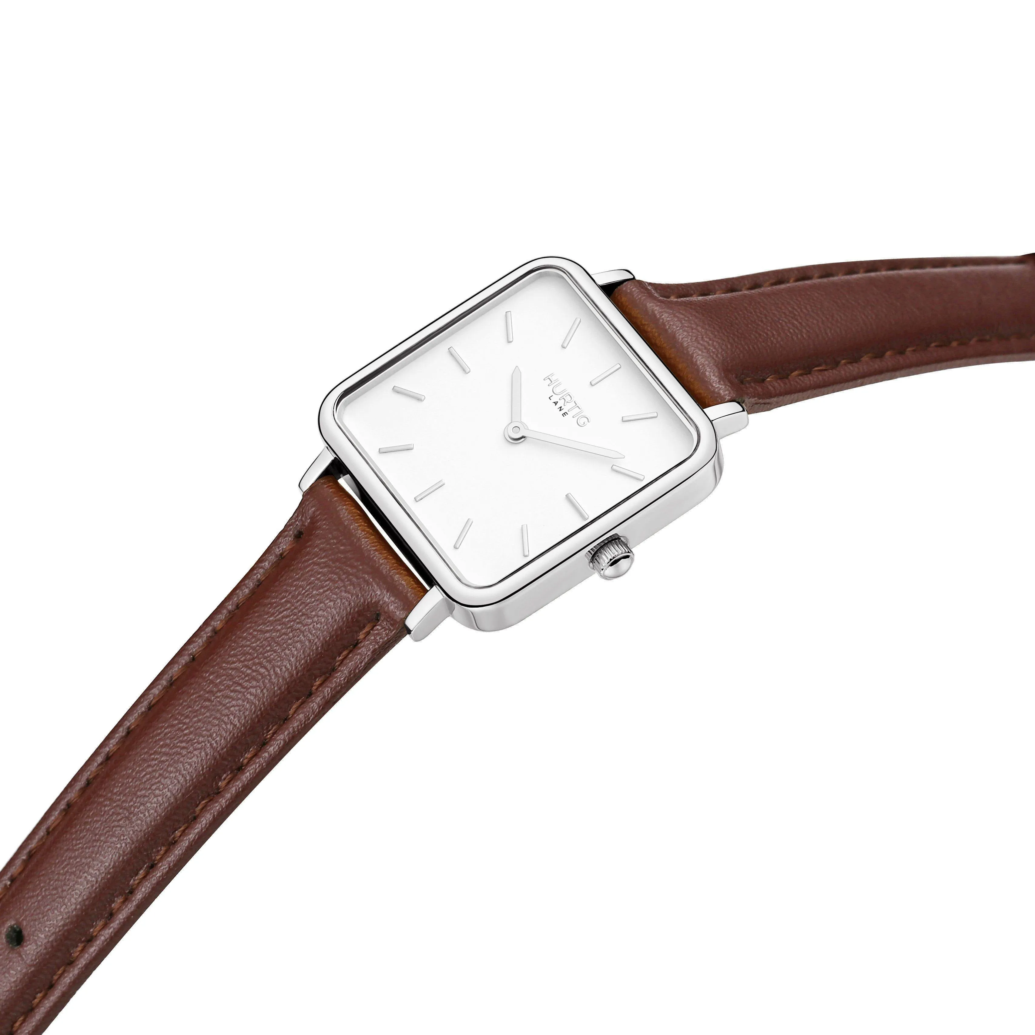 Neliö Square Vegan Leather Watch Silver, White & Chestnut