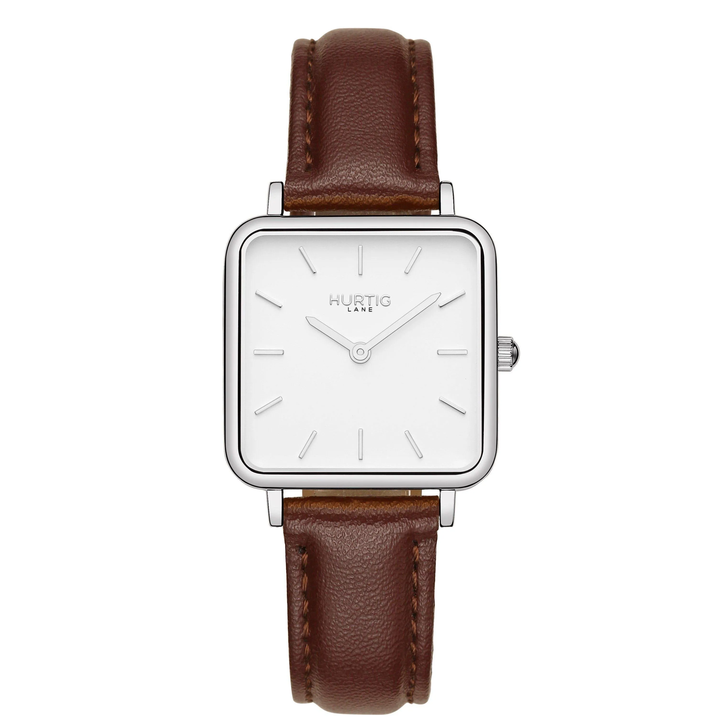 Neliö Square Vegan Leather Watch Silver, White & Chestnut
