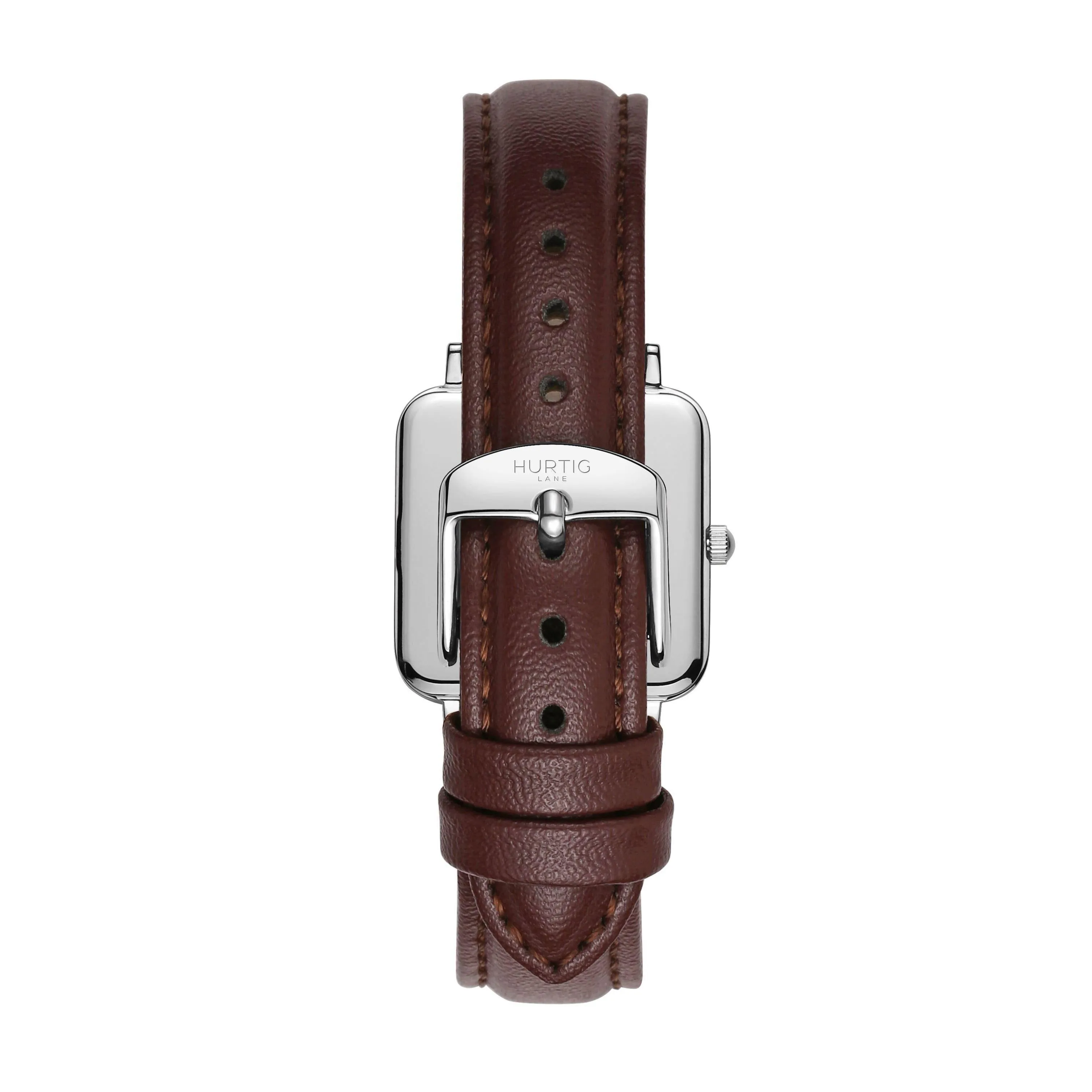 Neliö Square Vegan Leather Watch Silver, White & Chestnut