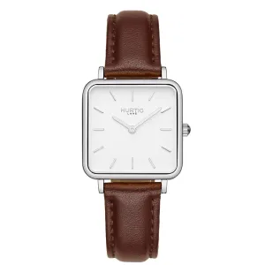 Neliö Square Vegan Leather Watch Silver, White & Chestnut